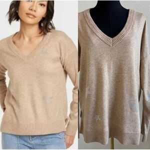 Knox Rose Womens XL Tan Beige V Neck Pullover Sweater Rhinestone Stars Knit